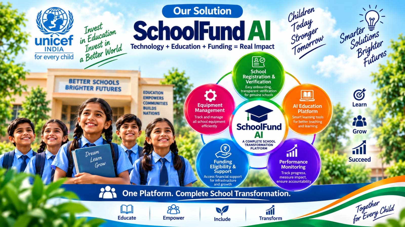 Supplied campaign graphic showing a school education platform concept with children, learning, funding, and equipment themes.