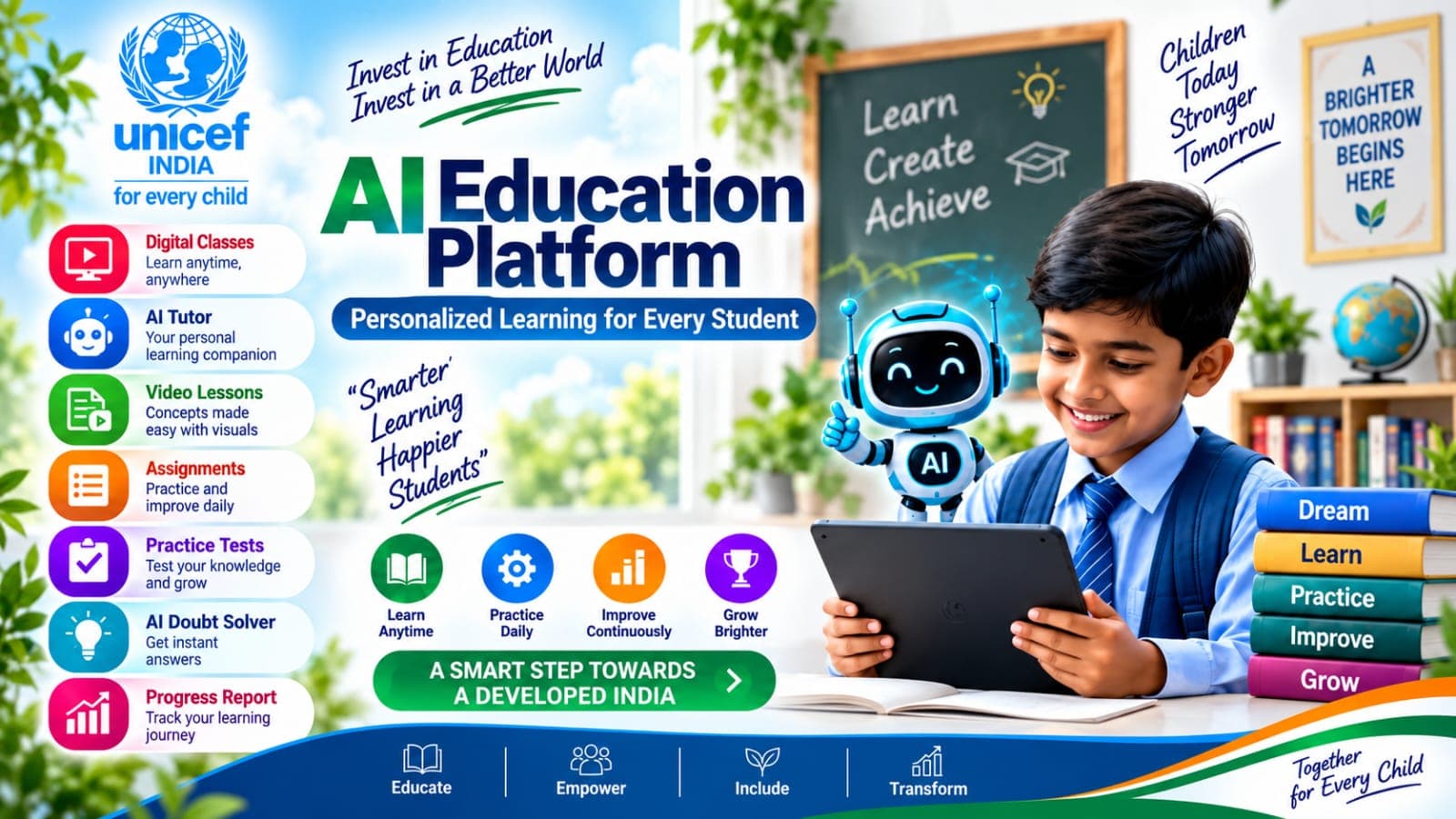 Supplied campaign graphic showing a child using a tablet alongside a digital education platform concept.
