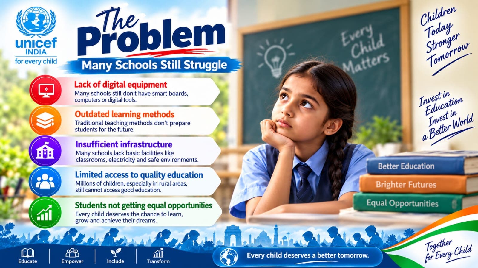 Supplied campaign graphic presenting barriers such as limited equipment, infrastructure, and unequal access to education.