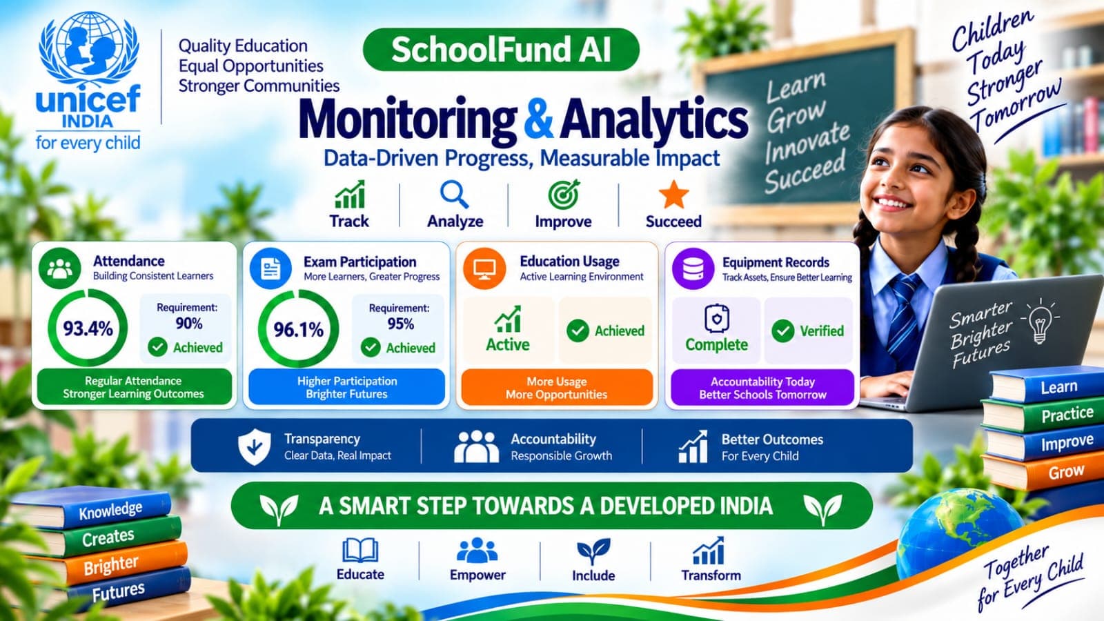 Supplied campaign graphic showing school equipment categories including tablets, smart boards, computers, and connectivity.