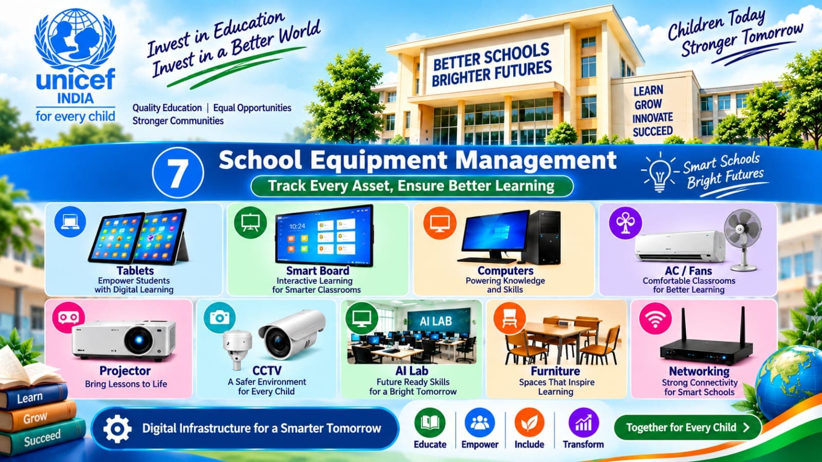 Supplied campaign graphic showing a funding dashboard and school learning environment concept.